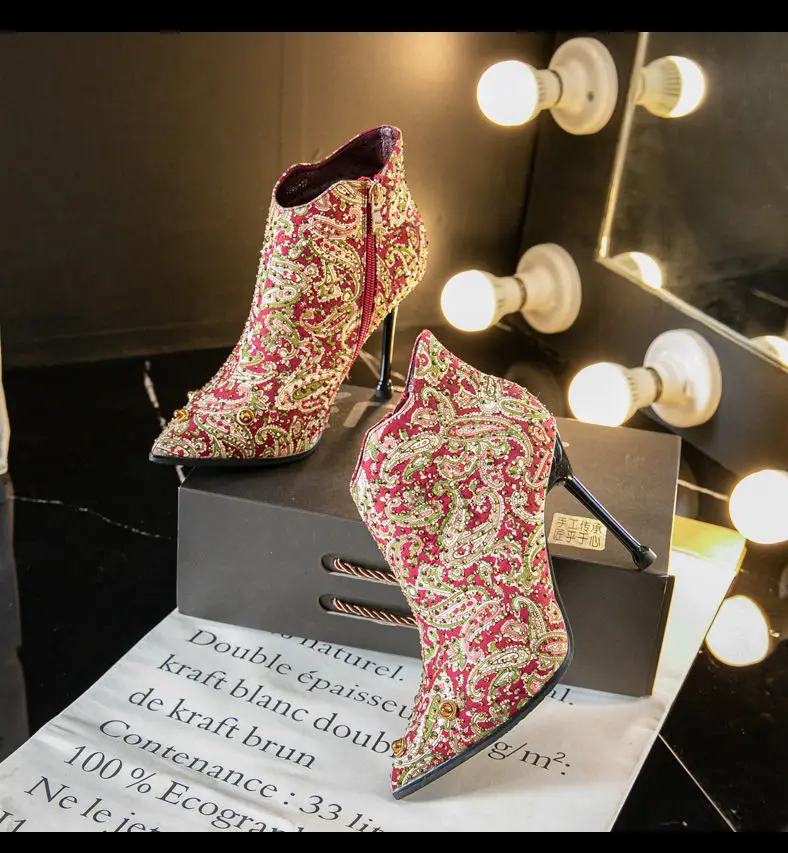 Autumn Winter Short Boots Stiletto High Heels Sequins Rhinestone Pearl Celebrity Style Party Shoes Side Zipper High Heels Women