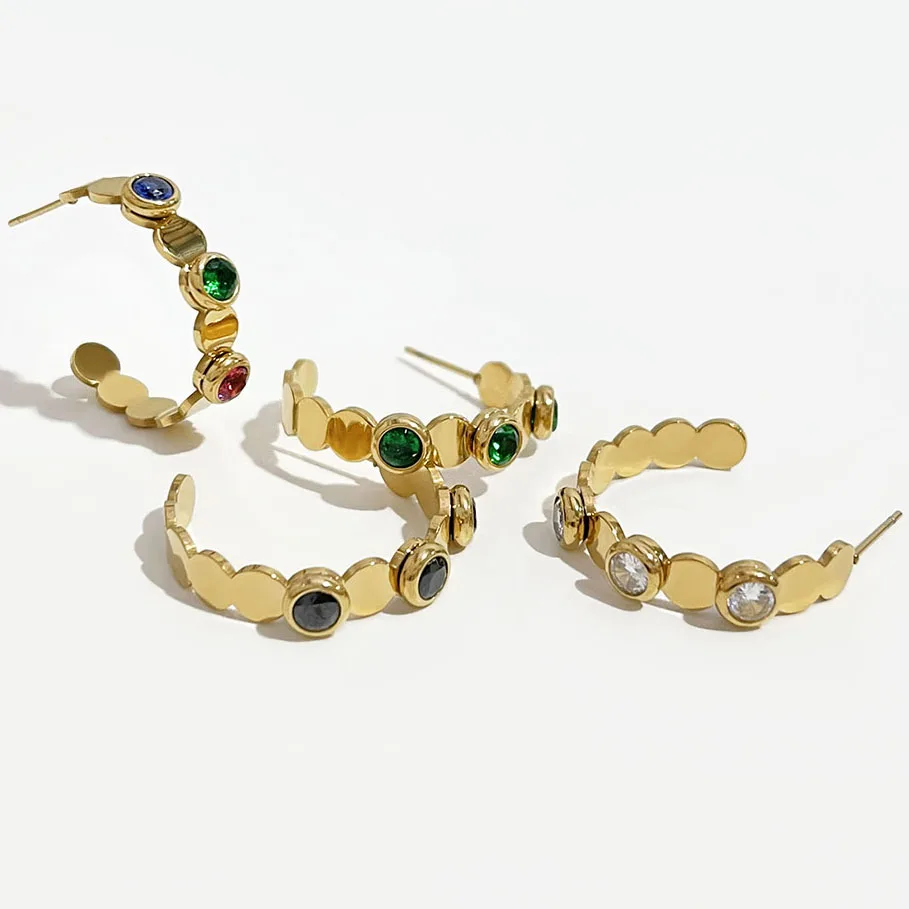 

Peri'sBox Multicolor Round Zircon Gold Color Open Hoop Earrings Women Popular Pvd Plated Stainless Steel Earrings High Quality