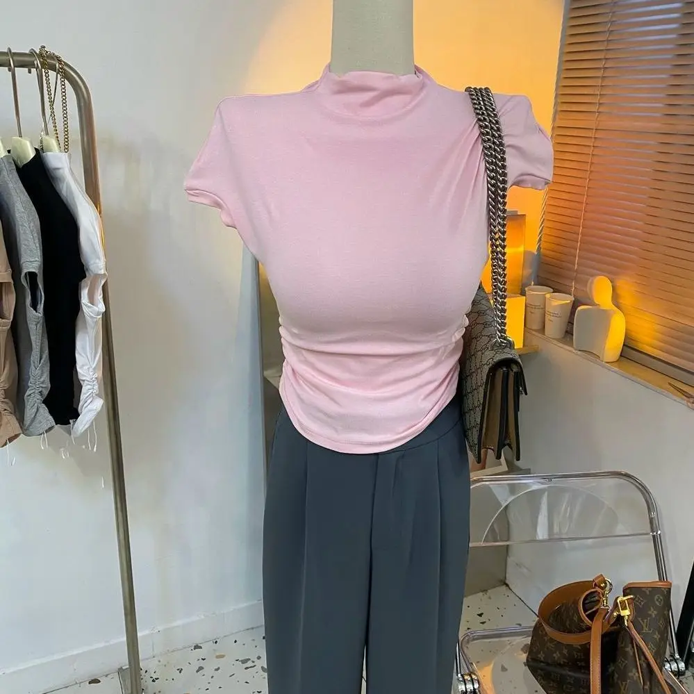 

BEENLE Spring Summer 2023 Korean Style Pleated Design Stand Collar Half High Neck Slim Short Sleeve T-shirt Women's Leggings