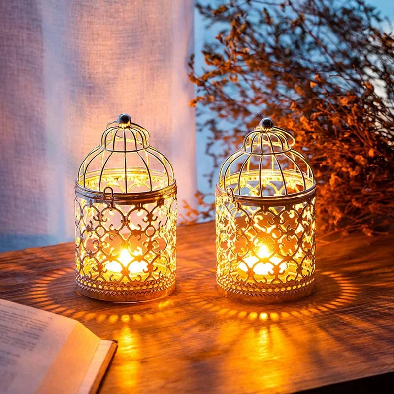 

4 Pcs Decorative Candle Lanterns Bird Cage Metal Hollow Out Decorative Birdcage Iron Candle Holder Hanging Lantern