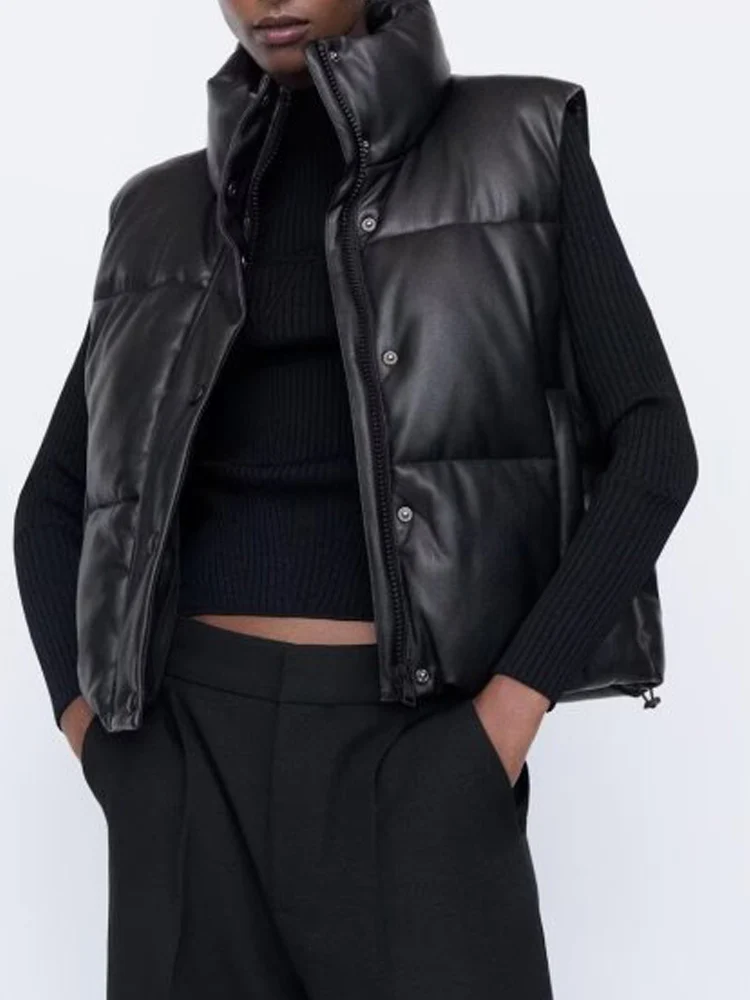 

Kumsvag 2022 Autumn Winter Women PU Vests Coats Casual Solid Sleeveless Down cotton Female Street Warm Waistcoat Outerwear