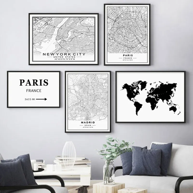

Custom World City Maps Poster Paris New York London FR ES NL RU Canvas Paintings Prints Black White Wall Art Pictures Home Decor