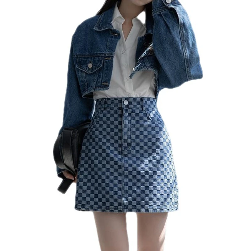 Checkerboard Half Skirt Women's A-line High-waisted Slimming Skirt 2023 Summer New Retro Waisted Denim Half Skirt Plaid Skirt