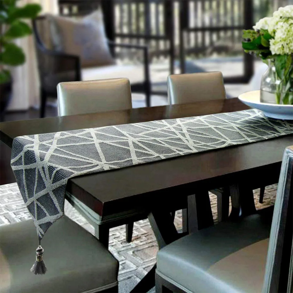 Modern Table Runner, Double Layer Gray and White Cotton Jacquard Table Runner with Tassel Geometry Collection for Room Dresser