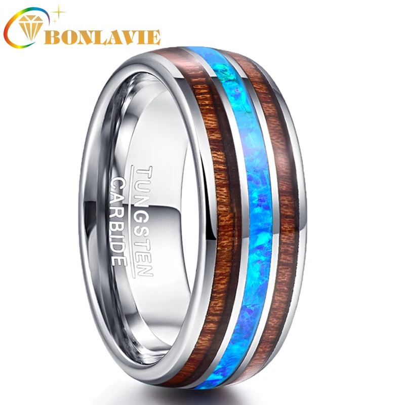 

BONLAVIE 8mm 100% Tungsten Carbide Opal Rings Elegant Male Dome Acacia Koa Wood Rings For Men Wedding Bands Jewelry Lovers Gift