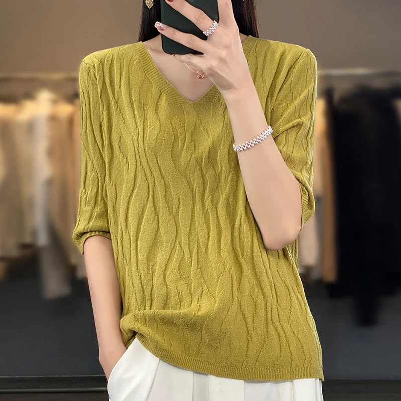 

Solid Color V-neck T Shirt Green 90s Summer Short Sleeve Women Clothes Casual Oversized Fashion Tees Mujer Tops Female Blouses