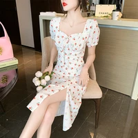 square neck lace up puff sleeve korean dress summer slim sexy split midi dress women red floral print elegant office lady dress