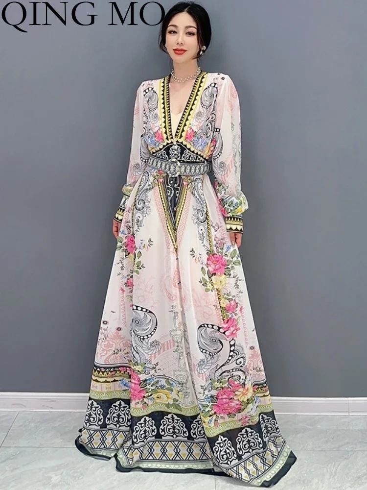 QING MO 2023 Summer New Ethnic Style Waist Wrapped Colorful Full Sleeve Women Dress Shows Thin V-Neck Female Dress ZXF2653