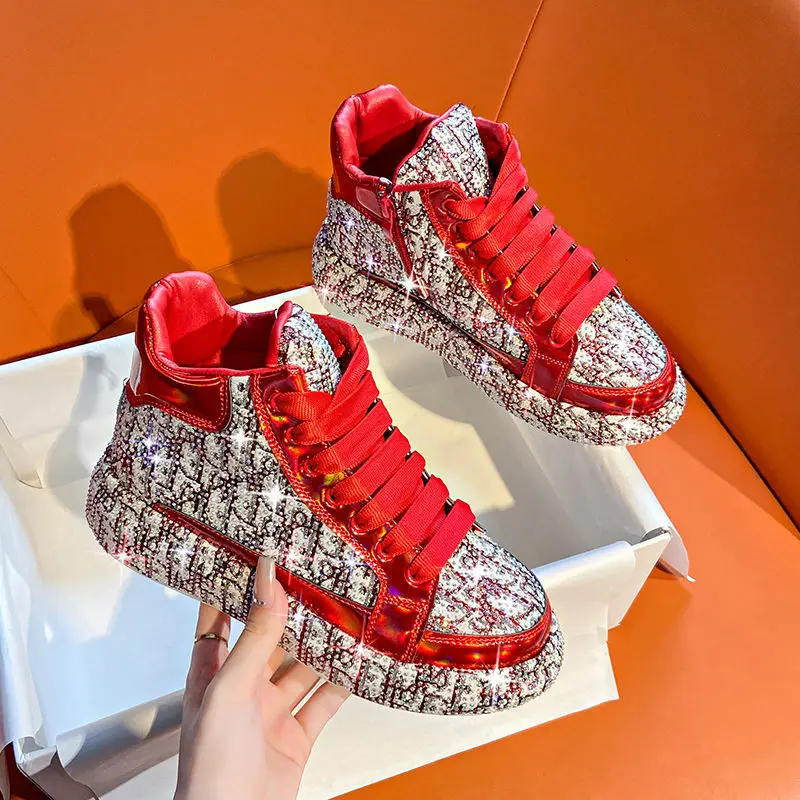 Женские туфли с высоким верхом из вулканизированной кожи со сверкающими