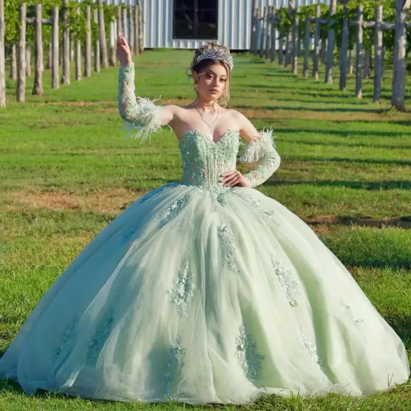 Светло-зеленое бальное платье Quinceanera Dress 2025 со съемными рукавами XV Floral Princess Vestidos De