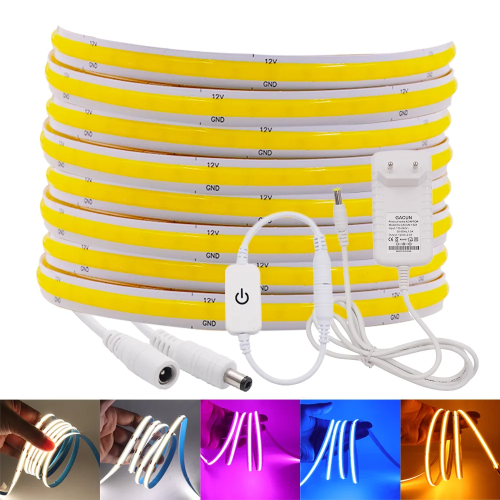 

12V COB LED Strip Tape Light 320LEDs/m High Density FOB Flexible LED Light Bar Dimmable Linear Lighting + Touch Switch +Adapter