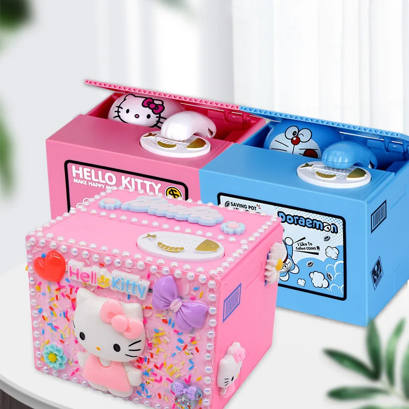 Kawaii Sanrioed Anime Piggy Bank Doraemon Cartoon Moving Electronic Stealing Money Action Toy Diy Creative Cute Kids Music Toys
