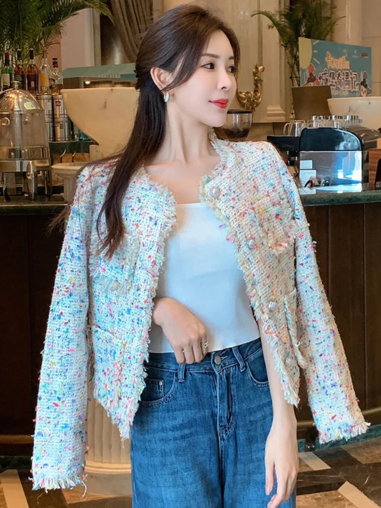 

High Quality Fall Winter Korean Rainbow Tweed Jacket Women French Vintage Fringed Braided Small Fragrance Short Coat Outwear Top