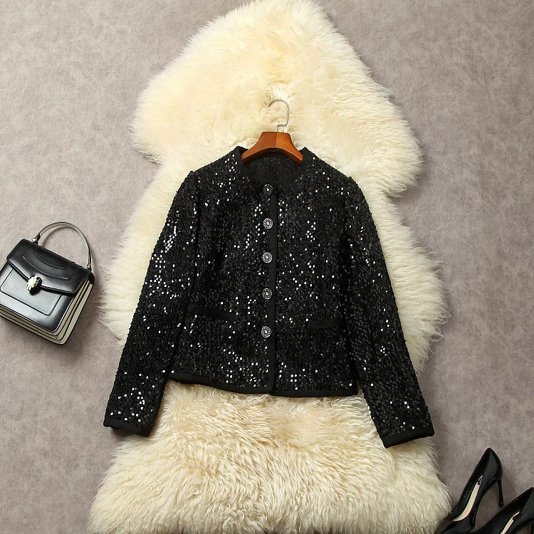 

Женская одежда в европейском и американском стиле, Новинка осени 2023, однобортная твидовая куртка с длинным рукавом и круглым вырезом, с тяжелыми блестками