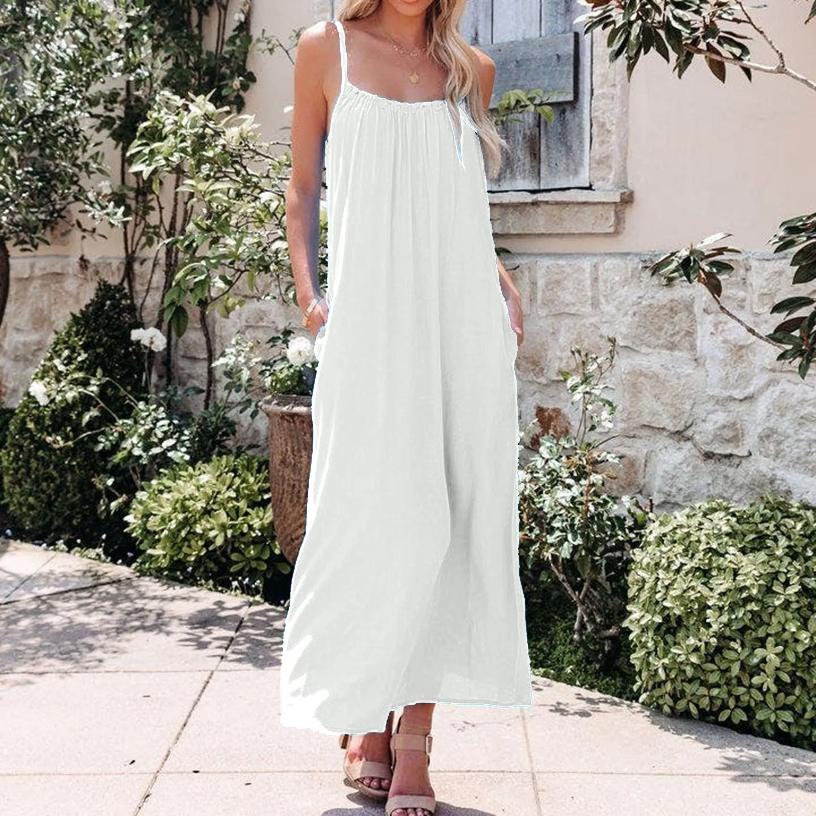 

Летние платья для женщин 2022 повседневное свободное Платье гардении с карманами Женское длинное сексуальное Платье на бретельках Vestidos Mujer Ж...