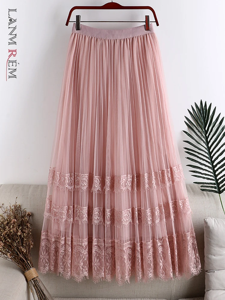 

LANMREM Patchwork Net Yarn Lace Mid-calf Solid Color High Waist Skirt For Women Female Fashion Clothing 2022 Summer 2J0042