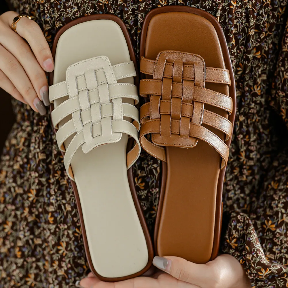 Women's genuine leather narrow band braided open toe slip-on flats summer out door slides soft comfortable sandals