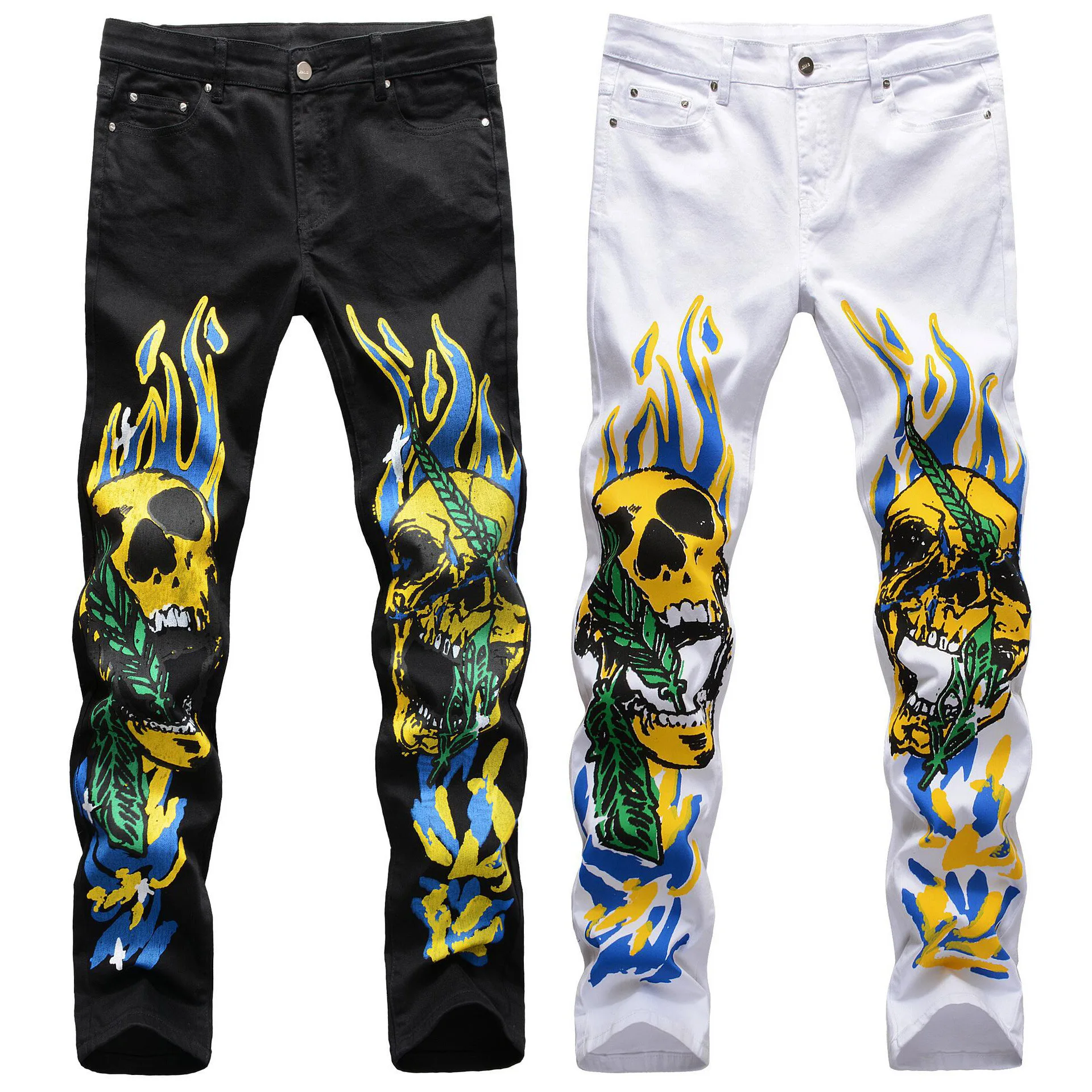 

High Quality High Street Men Jeans Stretch Slim 3D Printing Trousers Skull Graffiti Flame Street Denim Pants