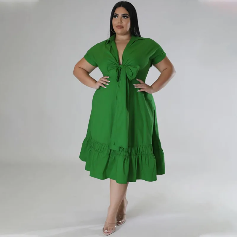 Plus Size Loose Dress Bow V Neck Elegant Women Clothing Chubby Female Luxury Robe 2023 Summer Trendy Party Fluid Wide Dress