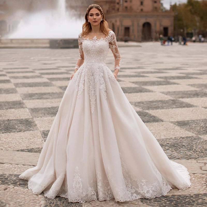 

New Elegant Scoop Neck Long Sleeve A-Line Wedding Dress Luxury Beading Appliques Court Train Princess Wedding Gown