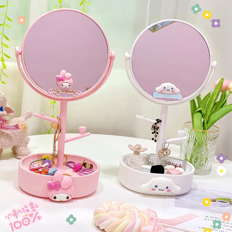 

Kawaii Sanrioed Cinnamoroll MyMelody Kuromi KT Cat Новое мультяшное настольное зеркало для макияжа вращающееся с коробкой для хранения зеркало подарок для девушк...