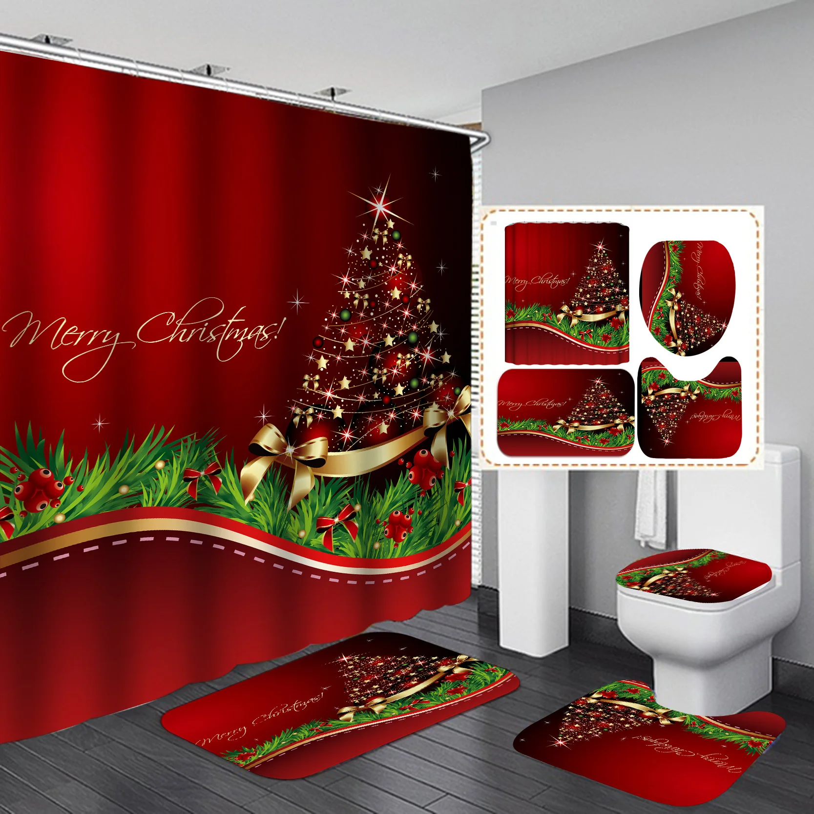 Merry Christmas Shower Curtain for Bathroom Red Christmas Tree Glitter Jingle Bell Winter Waterproof Shower Curtains 180x180cm
