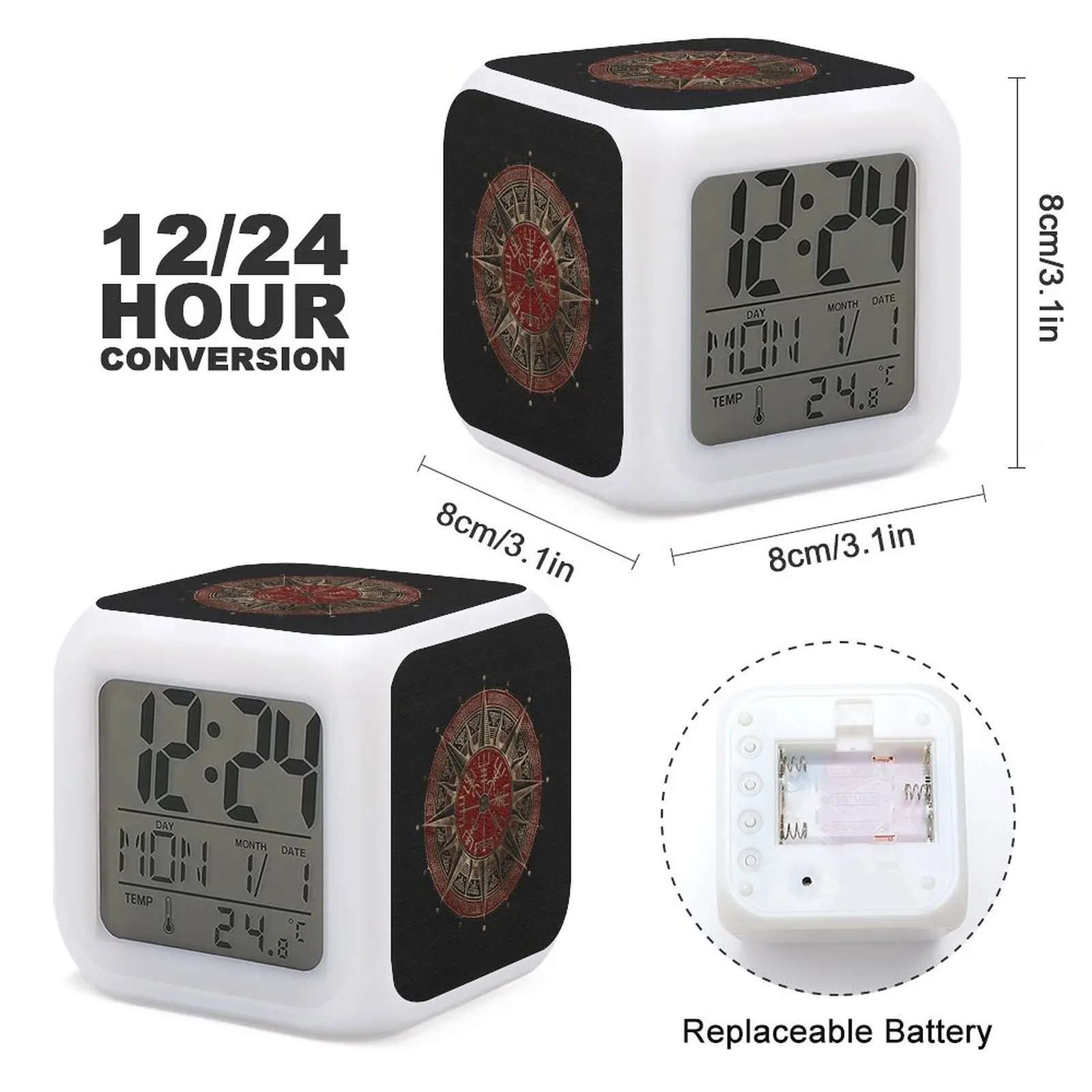 

DIY Mute Vegvisir Viking Compass Black And Red L LED Display Funny Colorful Color Changing Alarm Clock Office Humor Graphic Tim
