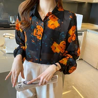 women shirt french retro puff long sleeved big floral printed shirt designed loose chic top ladies button up shirt dropshipping
