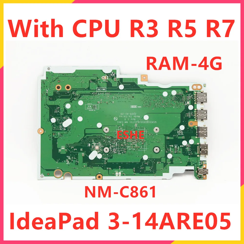 

For Lenovo IdeaPad 3-14ARE05 Laptop Motherboard 5B20S44300 With CPU R3 R5 R7 RAM 4G NM-C861 motherboard