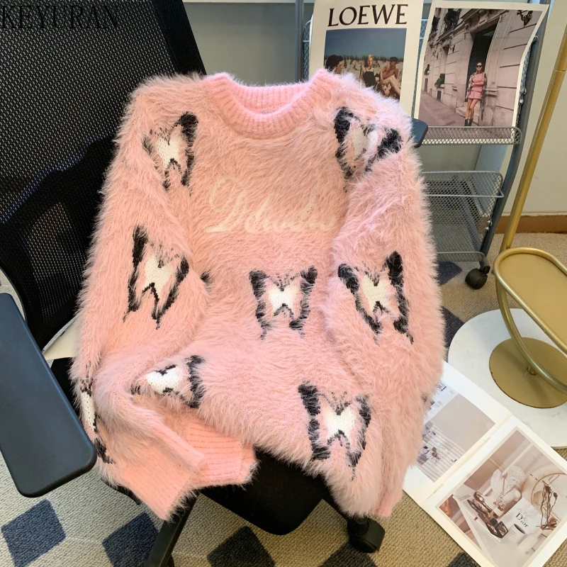 

American Lazy Butterfly Jacquard Mink Cashmere Sweater Women's Autumn/Winter O-Neck Casual Loose Pullover Knitwear Tops Jumper