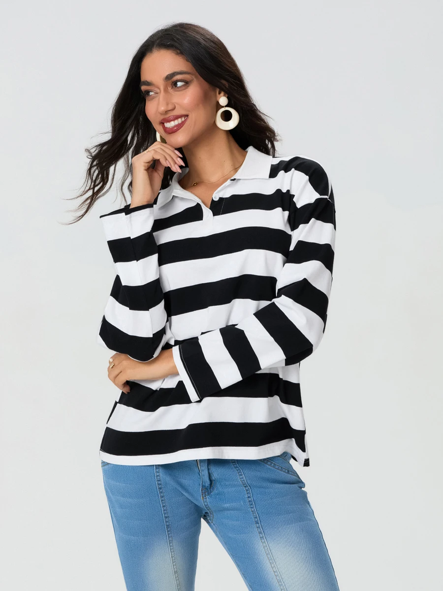 Женский пуловер с принтом в полоску Свободный свитшот длинным рукавом и отложным