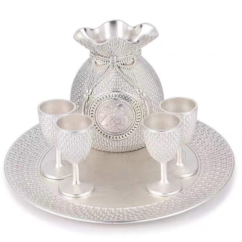 

1Set Ancient Silver Retro Engraved Spirits Vodka Pot Alloy Liquor Cup 175ML Wine Glasses Flagon Set Wedding Home Gift Decoration