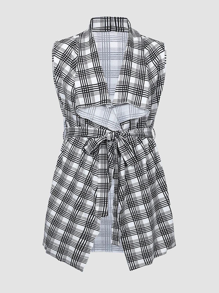 

Finjani Waterfall Collar Grid Print Coat Plus Size Women Clothing 2021 Autumn New sleeveless Belted Trench Coat