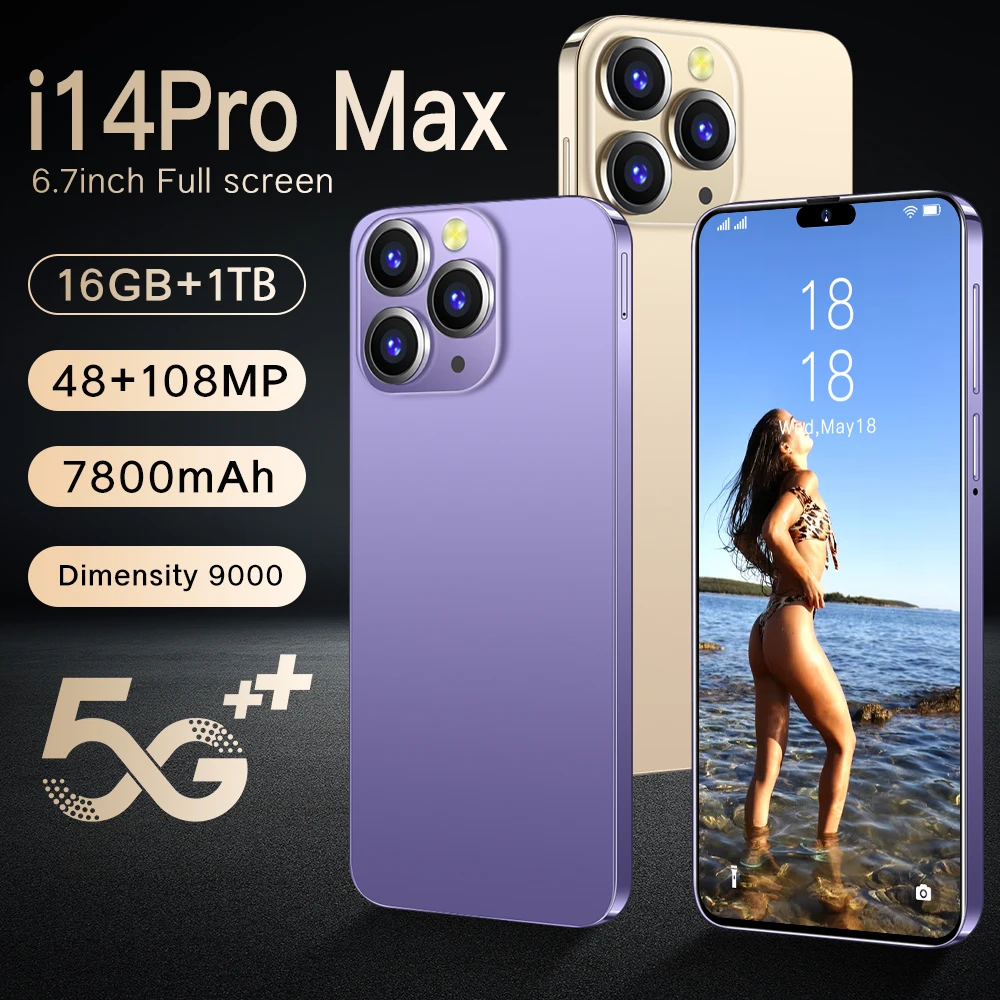 Brand New I14 Pro Max  Mobile Smartphone 4G 5G Phones Original 2023 Full Screen 6.7 Inch 16GB+1TB Version Global Cell Phone