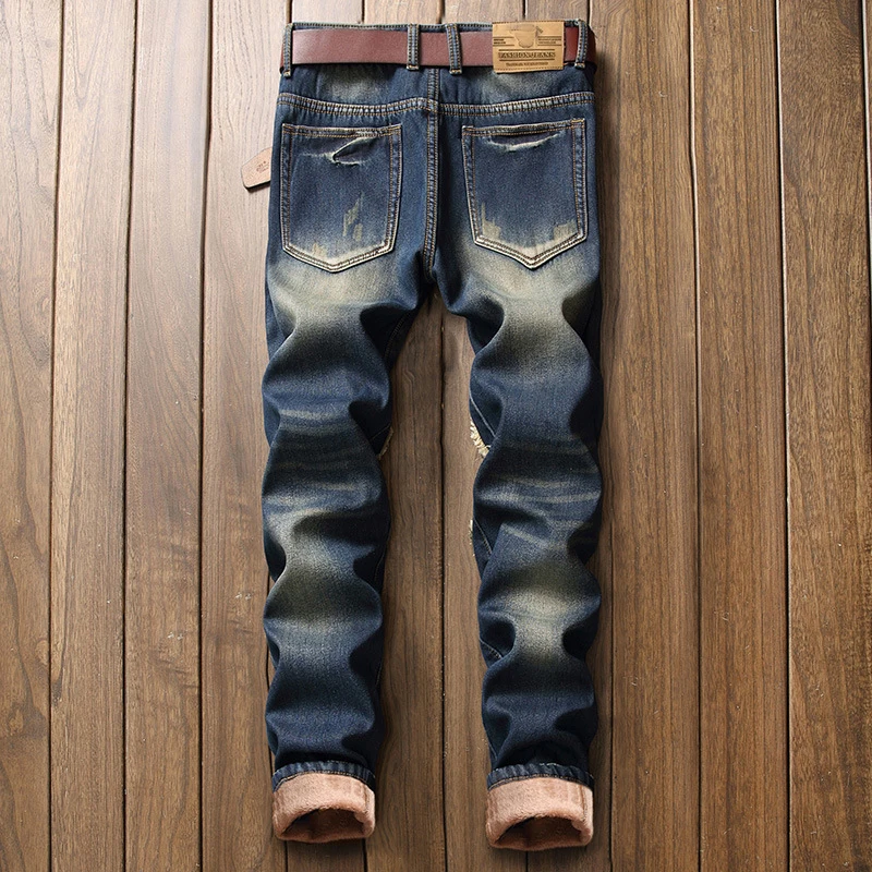 New Fashion Fleece Warm Jeans Men Autumn Winter Patchwork Ripped Straight Denim Trousers Retro Thick Hip Hop Casual Pants