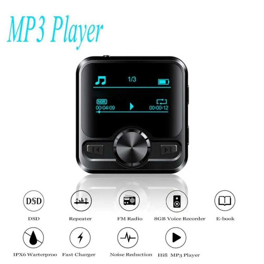 

Мини-плеер спортивный с поддержкой Bluetooth 4,2, Hi-Fi, MP3, музыкальный плеер, звукозапись, IPX6, FM-радио, ретранслятор, 1,2 дюймовый цифровой дисплей