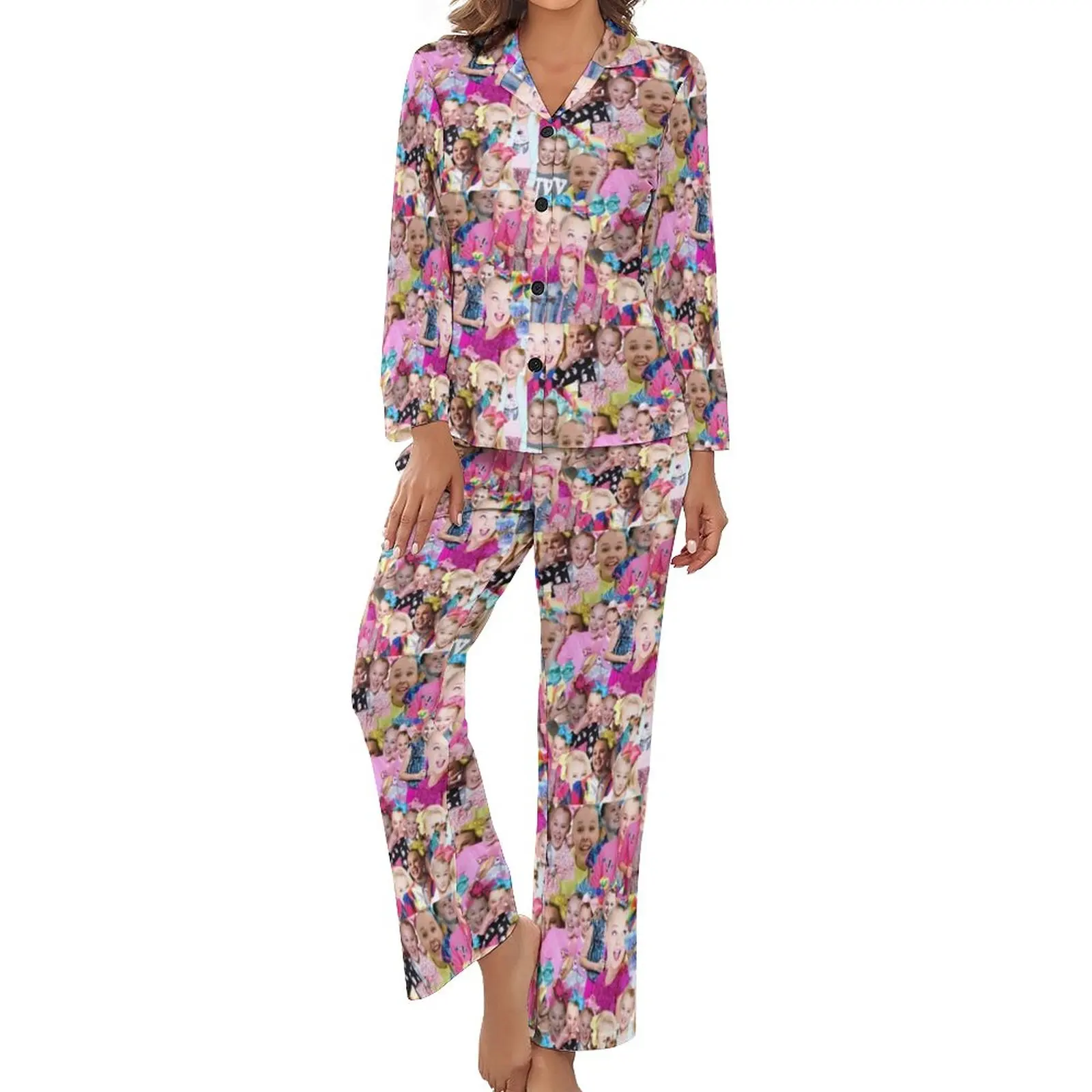 

Jojo Siwa Collage Pajamas Funny Meme Aesthetic V Neck Nightwear Women 2 Piece Printed Long Sleeve Romantic Pajama Sets