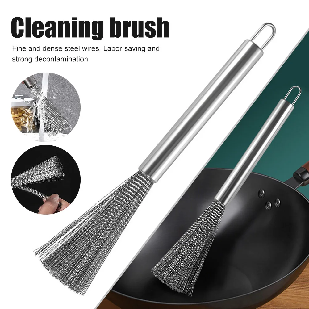 

304 Stainless Steel Cleaning Brush Kitchen Pot Tableware Cleaning Brush Strong Decontamination Long Handle Dishwashing Tools
