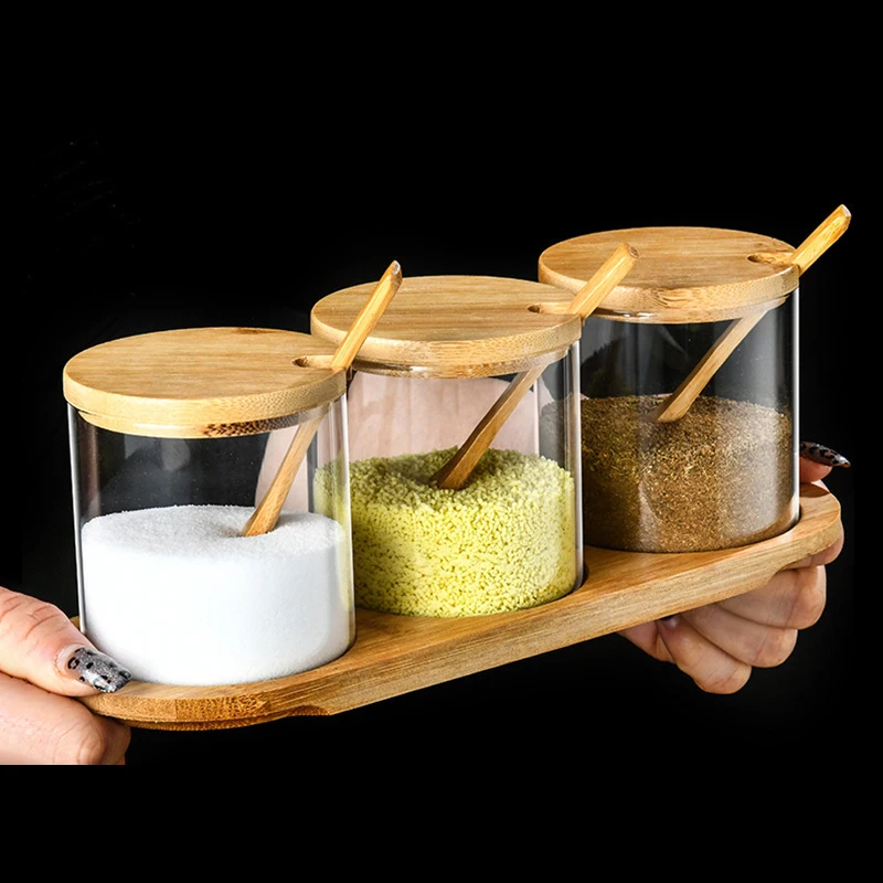 Empty Clear Glass Jars Containers With Wooden Spoon Bamboo Lids Spices Bottle Home Glass Seasoning Container
