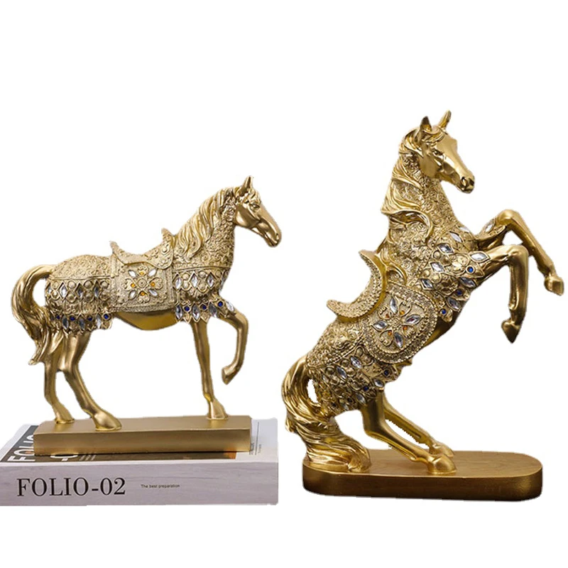 

Home Accessories Antique Golden Horse Sculpture Living Room TV Cabinet Creative Resin Handicraft War Horse Figurine Gifts