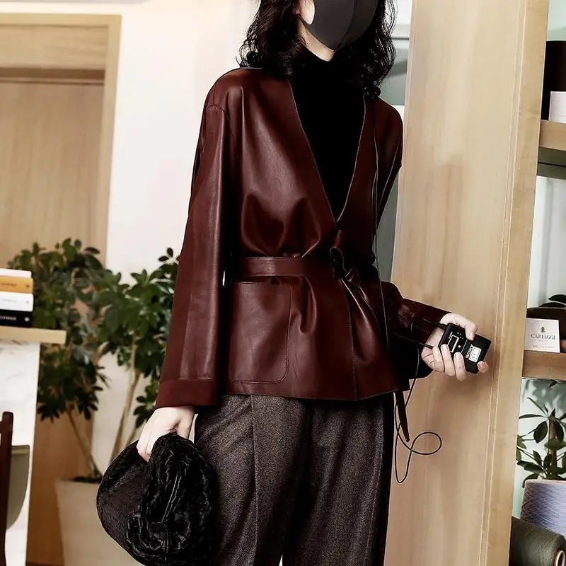 Fitaylor New Spring Autumn Pu Jacket Women Fashion V-neck Lace-up Faux Leather Lady Loose Solid Color Coat | Женская одежда