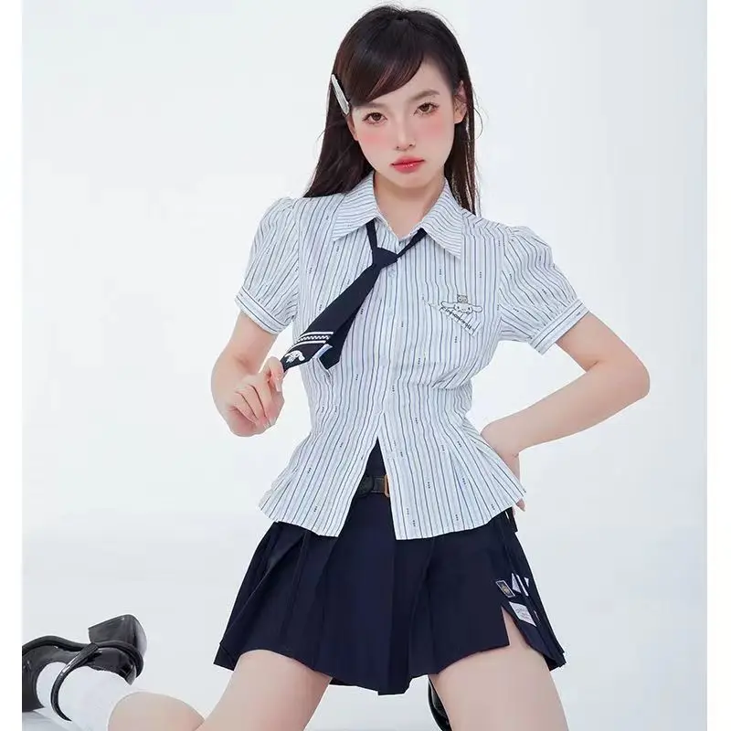 

Sanrio Cinnamoroll Y2k Short Top For Women Anime Waist retraction Lapel shirt Korean Fashion Sexy Short Sleeve Kawaii Clothe