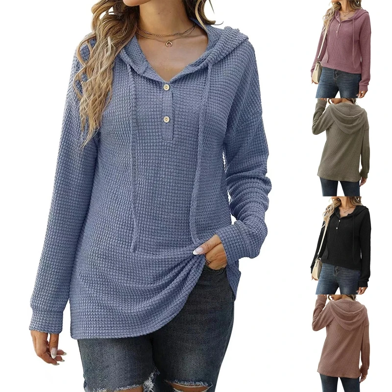 

Stylish Button Up Pullover Sweater for Women Loose Hoodie Sweat Waffle Knit Top