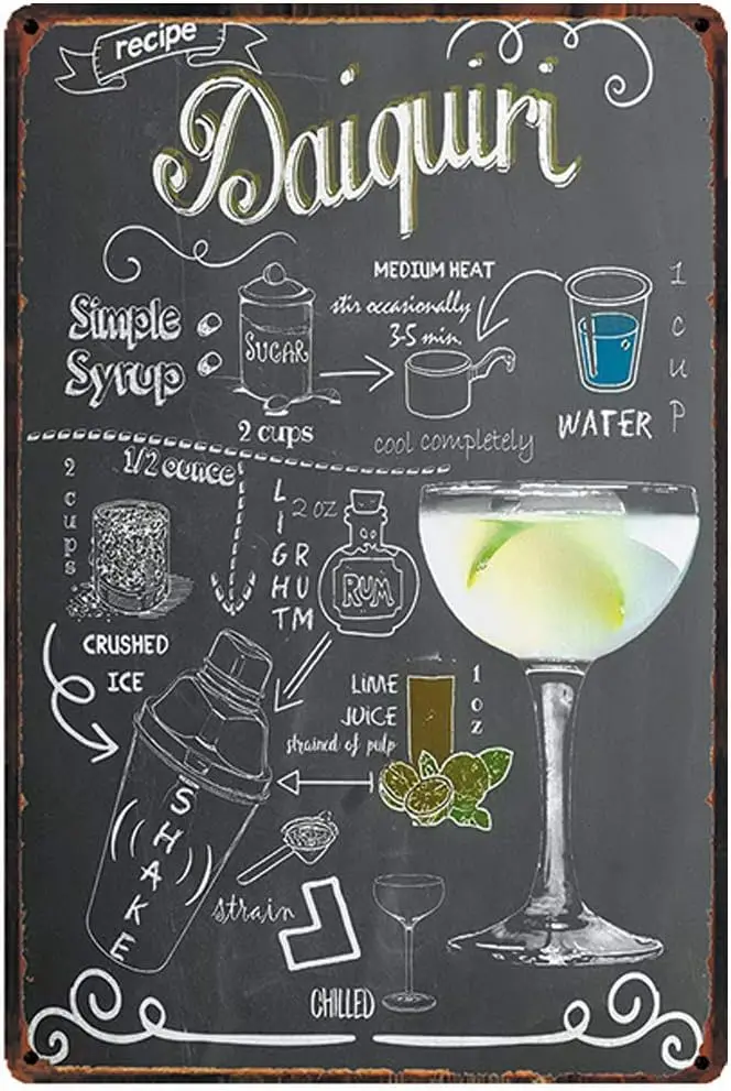 Original Vintage Design Classic Cocktail Recipe Daiquiri Tin Metal Signs Wall Art | Thick Tinplate Print Poster Decoration
