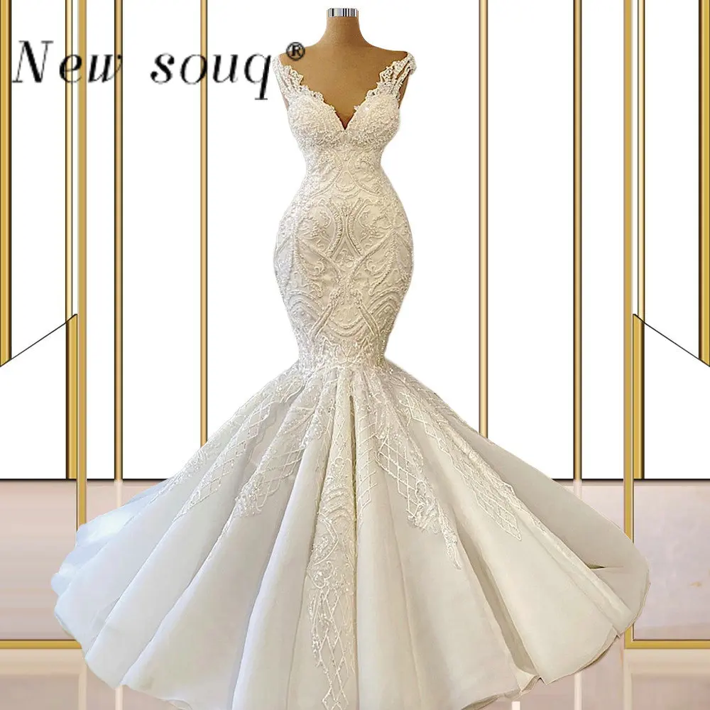 

Elegant V Neck Pearls Mermaid Wedding Dresses 2022 Sleeveless Vestidos De Novia Organza Lace Bridal Gowns for Bride Custom Made