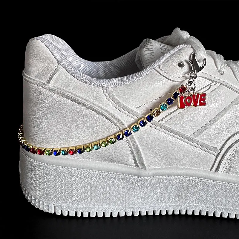 2PCS Luxury Multicolor Rhinestones Chains Pink Crystal Heart Charms Shoe Buckles Decoration Sneaker Shoes Jewelry Accessories