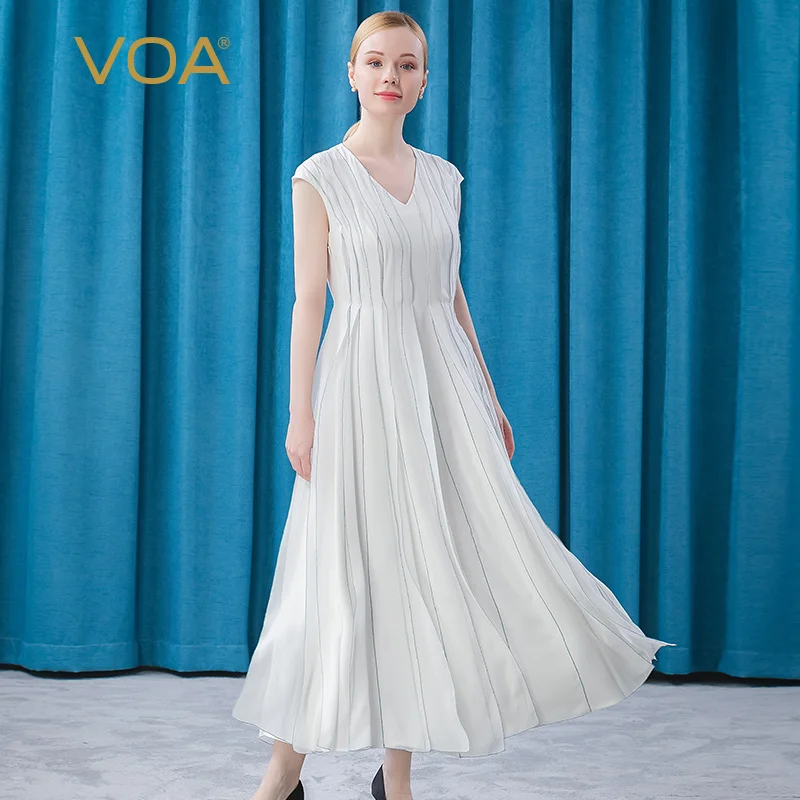 

VOA, 100% чистый шелк, 30 м/м, белые элегантные летние платья для женщин, вечерние платья принцессы с v-образным вырезом и высокой талией, большие качели, AE577