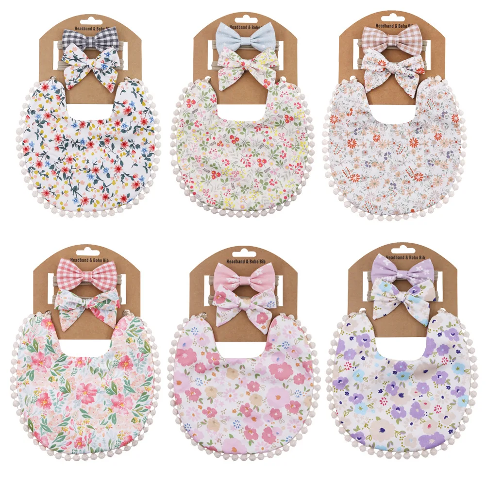 

3pcs/set Baby Bibs Headbands Cotton Floral Print Lace Burp Cloths Double Sides Suitable Bib Baby Stuff Newborns Baby Accessories