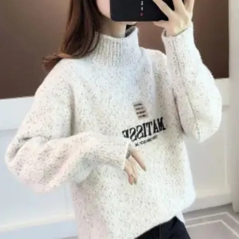 

Women's Mink Shape Sweater Loose Half Turtleneck Thicken Pullover Autumn Fashion Harajuku Leisure Retro Street Style Jacquard