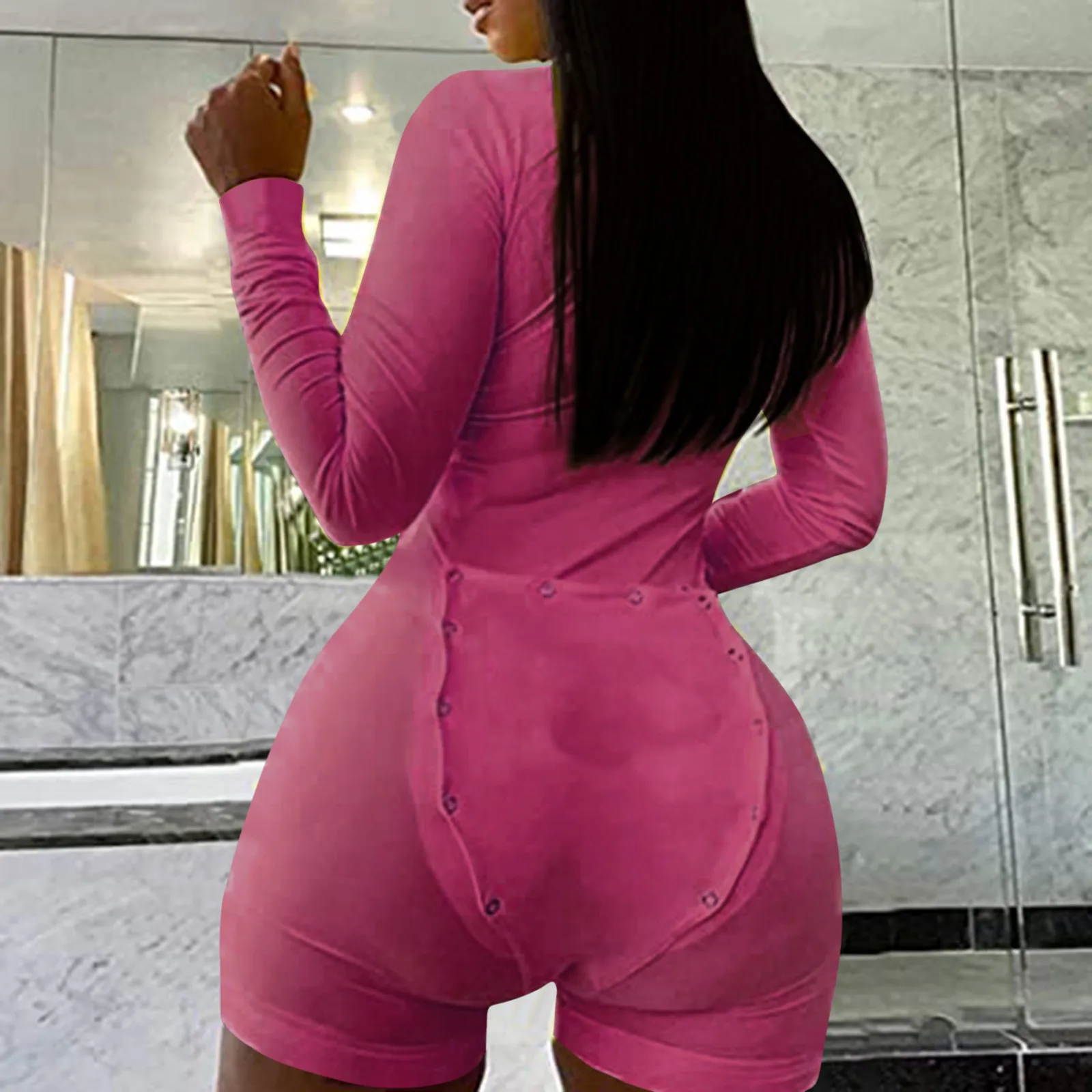 

Pink Long Sleeve One Piece Bodysuit Button Bodycon Solid Color Romper Shorts Stretchy Pajama Playsuit Jumpsuit Womens Onesie